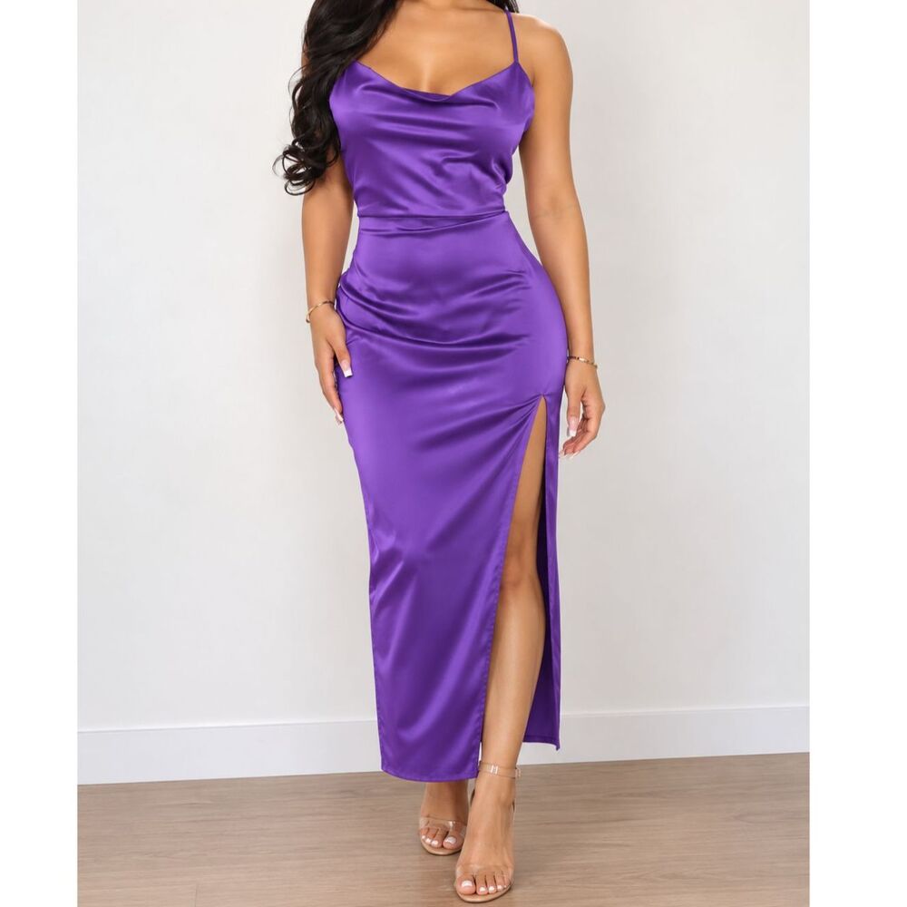 Fashion Nova Give It All To Me Satin Midi Dress Purple Size M Cowl Neck Slit